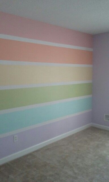 Rainbow Bedroom Paint Ideas, Wall Painting Ideas Rainbow, Unicorn Room Paint Ideas, Green And Pink Accent Wall, Rainbow Playroom Wall, Rainbow Color Wall, Pastel Rainbow Stripe Wall, Rainbow Wall Paint Girl Rooms, Rainbow Wall Paint Colors