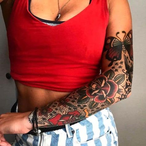 Traditional Style Sleeve Tattoo, Female American Traditional Sleeve, American Traditional Side Tattoo, Traditional Style Sleeve, Traditional Tattoo Sleeve Women, Traditional Floral Tattoo Sleeve, Traditional Arm Sleeve, Traditional Tattoos For Women, Traditional Shoulder Tattoo