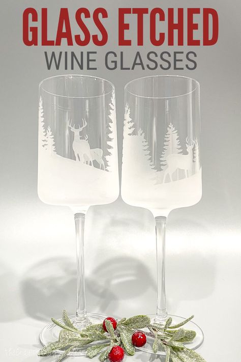 Etch wine glasses like the pros! Follow this step-by-step tutorial with Etchall and our free winter scene SVG to make beautiful gifts or keep them for yourself. Natal, Etched Glass Cricut Ideas, Etch Wine Glass Ideas, Etched Glass Gift Ideas, Etched Christmas Wine Glasses, Etching Glass Ideas, Glass Etched Gifts, Etched Christmas Glasses, Christmas Etched Glass Ideas