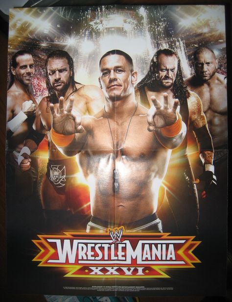 WWE Wrestlemania 26 poster (four-fold) featuring John Cena, Undertaker, Triple H, Batista, and Shawn Michaels. Price: P100.00 Wwe Tag Team Championship, Wwe Ppv, Wwe Tag Teams, Wrestling Posters, World Heavyweight Championship, Shawn Michaels, Wwe Wallpapers, Vince Mcmahon, Wrestling Superstars