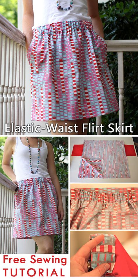 Tutorial: Elastic-Waist Flirt Skirt Easy Elastic Waist Skirt Pattern, Elastic Waist Skirt Pattern Free, Plus Size A Line Skirt Pattern, Diy Skirt Easy, Elastic Skirt Tutorial, Diy Tiered Skirt, Aline Skirt Pattern, A Line Skirt Pattern Free, Elastic Waist Skirt Diy