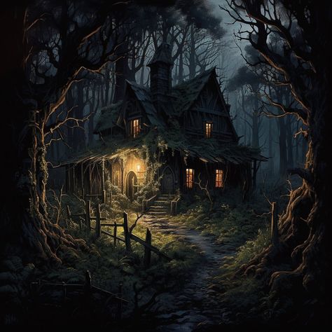 In the dense, foreboding woods, the creepy cottage emerges like a haunting apparition, its timeworn timbers creaking with the secrets of… | Instagram Creepy Cottage, Witch Cottage Interior, Overgrown Cottage, Ancient Witch, Witch Cabin, Cottage Drawing, Creepy Woods, Wood Tattoo, Witches Cottage