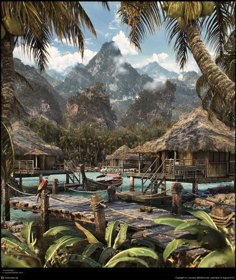 Coconut Bay by Jaroslav Čermák | 3D | CGSociety Fantasy Village, Fantasy Town, Gato Anime, Location Inspiration, Fantasy Island, Landscape Concept, Fantasy City, Fantasy Places, Fantasy Setting