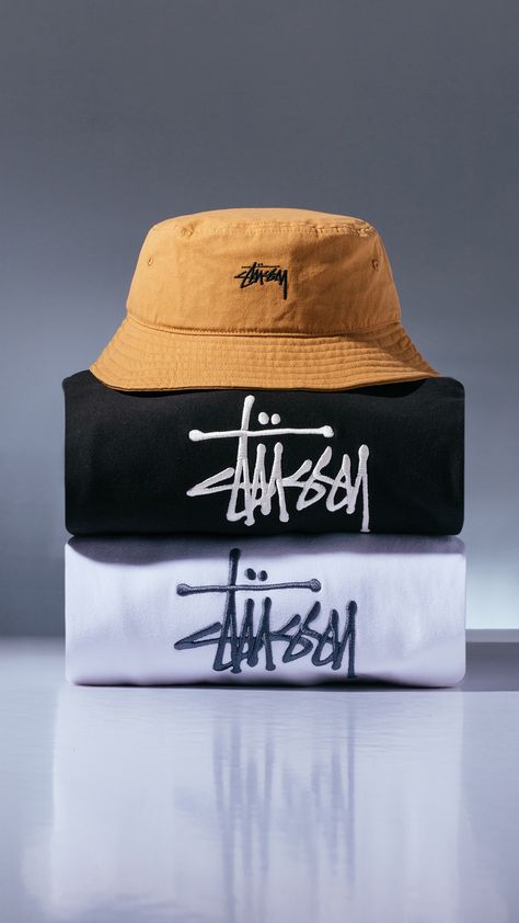 Stussy Product Photography, Men Clothing Photoshoot, Clothing Photoshoot Ideas Products Men, Tshirt Photoshoot Ideas Products Men, Stussy Photography, Streetwear Product Photography, Mens White Trousers, Apparel Photography, T-shirt Photography