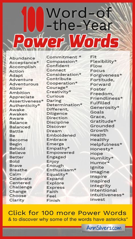 Some people like to pick a Word-of-the-Year as their form of New Year's resolution. It sets an intention for your year. Here's a list to help you get started thinking about your word(s) for 2021. For more on how to use these words: https://annsilvers.com/blogs/news/200-word-of-the-year-power-words-for-your-new-year-goals Power Words, Review Essay, Year Goals, Word Of The Year, New Year Resolutions, Empowering Words, Essay Writing Skills, New Year Goals, Interesting English Words