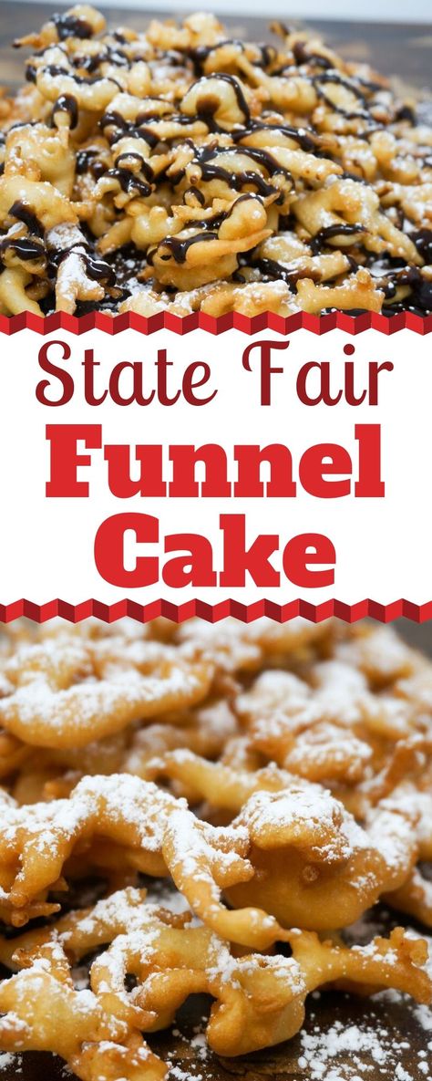Funnel Cake is my favorite treat at the State Fair and today I'm sharing all the keys to success to make these golden beauties at home. Serve with powdered sugar on top or any toppings of your choice. | State Fair Funnel Cake | State Fair Foods | Deep Fried | County Fair Foods | #DeepFried #FunnelCake #FairFoods State Fair Desserts, Toppings For Funnel Cakes, Cookies And Cream Funnel Cake, Fried Desserts Fair Foods, County Fair Recipes, Carnival Eats Recipes Fair Foods, What To Deep Fry, Deep Fried Desserts Fair Foods, Funnel Cake Recipes
