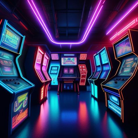 "They swore Charley's arcade ran on nothing but pure 1980s pixelated magic – probably had an atomic reactor hidden in there!" #arcade #memphis #oldschool #retrowave #retro #gaming #1980s Retro Arcade Aesthetic, Gaming Moodboard, Arcade Interior, Arcade Background, Modern Arcade, Synthwave Neon, Arcade Party, 80s Arcade, Arcade Retro