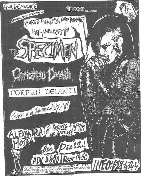 Specimen k.m. : had this flyer on my wall for years back then Punk Flyers, 80s Goth, Goth Bands, Dark Wave, Goth Music, Punk Poster, Language Spanish, Dream Pop, Metal Magazine