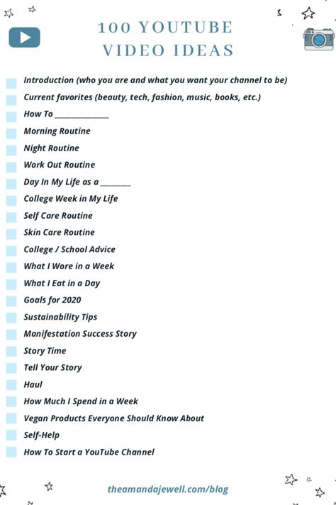 To see the rest of the 100 YouTube video ideas, go to my blog post "How To Start a YouTube Channel in 2020" and download the PDF of 100 video ideas! Make sure to also check out the YouTube starter checklist! Things To Do On Youtube Channel, Youtube Channel Growth Tips, Video Ideas For New Youtubers, Ideas For Making Youtube Videos, Vlog Youtube Ideas, When To Post On Youtube, Creating A Youtube Channel, Trendy Youtube Video Ideas, Things To Vlog Ideas