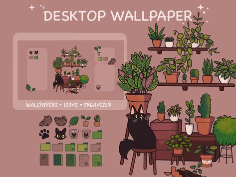 Cat And Plants, Networking Infographic, Desktop Organizer Wallpaper, Organizer Wallpaper, Desktop Themes, Wallpaper Icons, Desktop Icons, Desktop Wallpaper Organizer, Minted Art