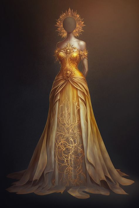 Leo zodiac sign inspired gown Fantasy Sun Dress Art, Haute Couture, Sun Goddess Character Art, Golden Fairy Dress, Sun And Moon Fantasy Clothes, Lion Inspired Dress, Heavenly Bodies Inspired Dress, Sun Themed Fantasy Dress, Goddess Dance Costume