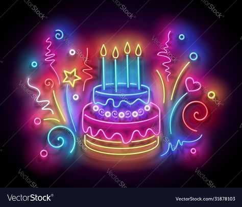 Neon Birthday Cakes, Template For Poster, Glossy Background, Light Template, Bolo Neon, Glossier Background, Cake With Candles, Birthday Cake Illustration, Holiday Cake