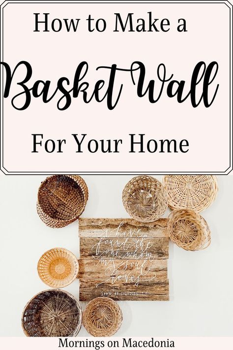 Read all about how I created this easy basket wall as a quick afternoon DIY project. It instantly adds texture and fills up any wall space perfectly! Basket Wall Kitchen, Basket Wall Decor Bedroom, How To Hang Baskets On Wall, Diy Basket Wall, Modern Farmhouse Bedroom Decor, Basket Walls, Farmhouse Decor Trends, Decorate With Baskets, Shutter Mirror