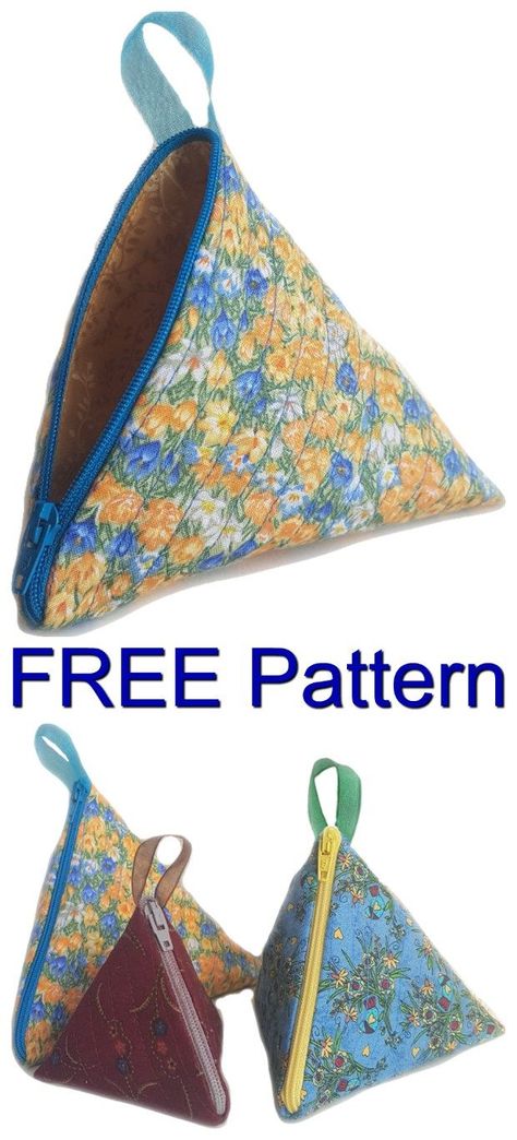 Here's a quick and simple FREE pattern for you to work on, to make this pyramid style triangular zip pouch. These little-zipper pouches are easy to make and as an added bonus they come in 3 different sizes. Once you have made one, it is easy to change the size and make the next one. The small one is ideal for a coin purse in your handbag or to keep in the car, while the larger ones could easily be used to keep many different types of sewing accessories such as wonder clips, safety pins, etc. Pouch Sewing Pattern, Purse Patterns Free, Coin Purse Pattern, Trendy Sewing Patterns, Crochet Purse Pattern Free, Pouch Sewing, Triangle Bag, Sewing Projects Clothes, Modern Bag
