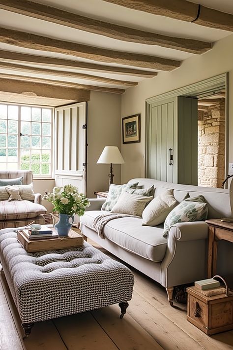 House Nine Design Living Room, Cosy Kitchen Living Room, Cozy Airy Living Room, Cream Country Living Room, Farmhouse Lounge Ideas, Living Room Designs European Style, Quiet Living Room, Cotswolds Living Room, Snuggly Living Room