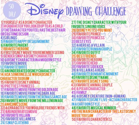 50 DAY DISNEY DRAWING CHALLENGE  Hello there!  This is my own personal "50 Day Disney Drawing Challenge". I created it by choosing my favorite parts from many other Disney drawing challenges that I saw. PLEASE let me know if you start doing this one by following me on my Instagram, @wreckitvicky. I upload my daily creations on that account and I will be uploading day-by-day my results of this challenge, and I would LOVE to see your creations. I hope you like this one and decide to start it! Drawing Ideas Disney, Disney Drawing Challenge, For Drawing Ideas, 30 Day Art Challenge, Ideas For Drawing, Art Journal Challenge, Disney Drawing, Disney Challenge, Drawing Challenges