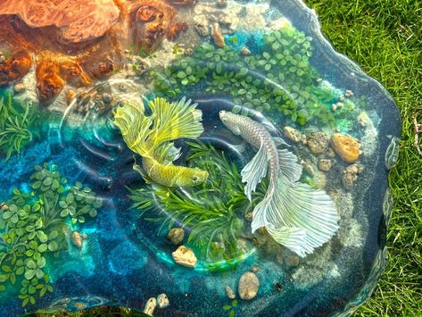 Resin Koi Pond Table, Resin Fish Pond, Koi Fish Garden Pond, Clay Tray Pond, Tabletop Pond, Tables With Resin, Resin Koi Pond, Resin Pond, Epoxy Resin Furniture