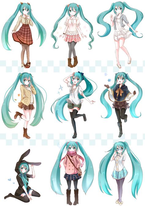 Hatsune miku Long Blue Hair, Miku Hatsune Vocaloid, Vocaloid Characters, Wallpaper Animes, Dessin Adorable, Manga Cosplay, Different Outfits, Cute Anime Pics, Anime Kawaii