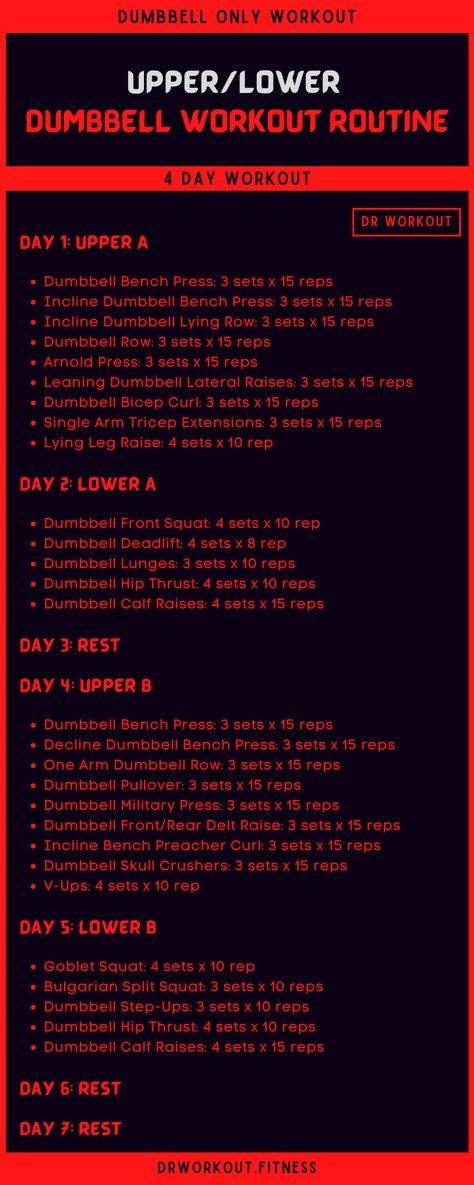 4 Day Upper Lower Dumbbell Workout Plan 4 Day Workout Routine, Dumbbell Workout Program, Dumbbell Workout Routine, Split Workout Routine, Dumbbell Workout Plan, 4 Day Workout, Upper Body Dumbbell Workout, Dumbbell Only Workout, Free Weight Workout