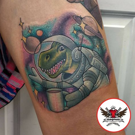 Dinosaur Astronaut Tattoo, Dinosaur Astronaut, Brighton Tattoo, Astronaut Tattoo, Galaxy Tattoo, Awesome Tattoos, Space Tattoo, Tattoo Supplies, Color Tattoo