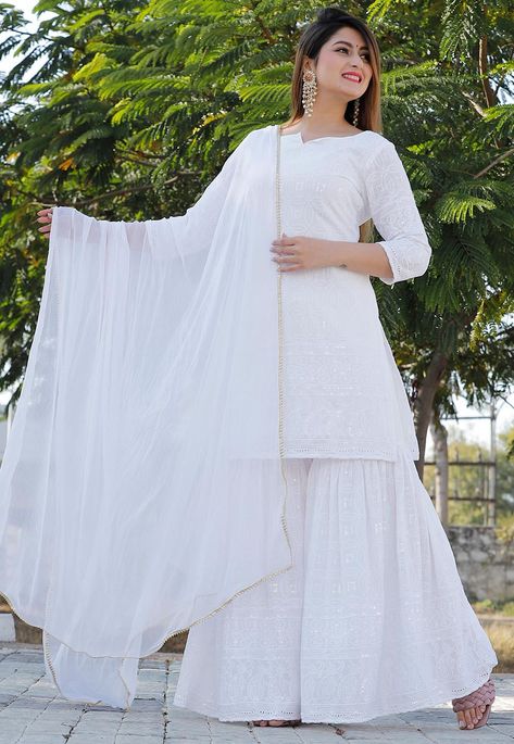 White Chicken Suits Designs Pakistani, White Sharara Suit Pakistani, White Chikankari Dress, Simple Sharara Suit, White Sharara Suit, White Chikankari Kurta, Sharara Suit Pakistani, White Pakistani Suit, Chikankari Dress