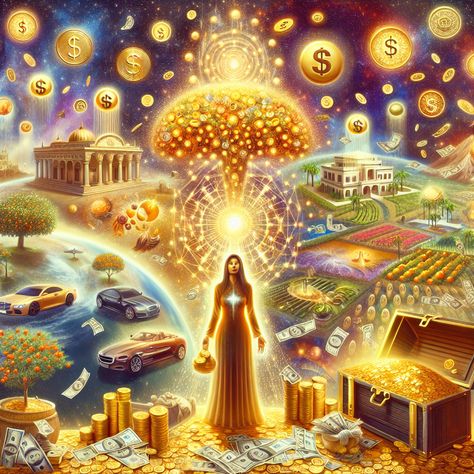 Behold an abundant universe with money trees, raining gold coins, treasure chests, mansions, elite cars, and lush landscapes. Witness the person in the center, glowing golden, a symbol of prosperity, a beacon of the ability to manifest wealth. Discover more about wealth manifestation in the link!
#WealthManifestation #Prosperity #FinancialFreedom #Abundance #Success #MoneyMindset Jupiter Symbol Wallpaper, Money Abundance Aesthetic, Money Pics Image, Money Consciousness, Today Affirmations, Jupiter Symbol, Money Rain, Gold Coins Money, Abundance Images