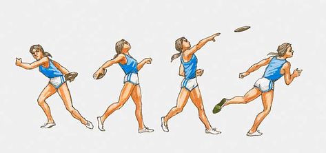 Sequence of illustrations showing female athlete throwing discus Anime Throwing Pose, Someone Throwing Something Reference, Discus Throw Aesthetic, Moses Illustration, Throwing Pose, Throwing Discus, Discus Throwing, Track Szn, Hurdles Track