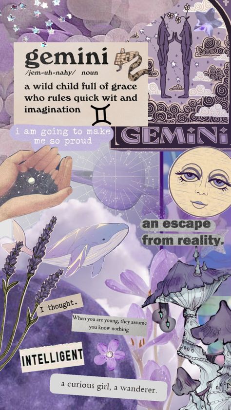 Gemini Purple Aesthetic, Zodiac Wallpaper Gemini, Gemini Witch Aesthetic, Gemini Szn Aesthetic, Gemini Asthetic Picture Wallpaper, Purple Gemini Aesthetic, Gemini Collage Wallpaper, June Gemini Aesthetic, Gemeni Wallpapers