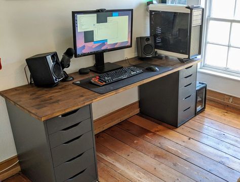 The ultimate IKEA Battlestation desk setup | Rigz Ikea Alex Gaming Desk, Ikea Alex Desk Riser, Ikea Desk Setups, Ikea Alex Desk Gaming Setup, Ikea Karlby Desk Setup, Ikea Desk Gaming Setup, Ikea Gamer Room, Ikea Pc Setup, Gaming Desk Organization