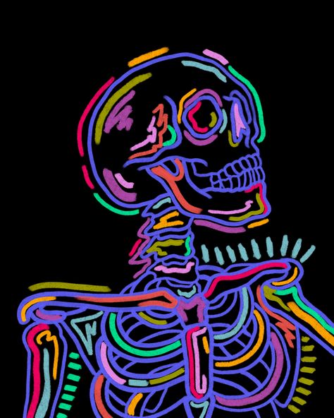 Black, Neon, Neon Skeleton, A Skeleton, A Drawing, Black Background, The Middle, Skeleton, Acrylic Painting