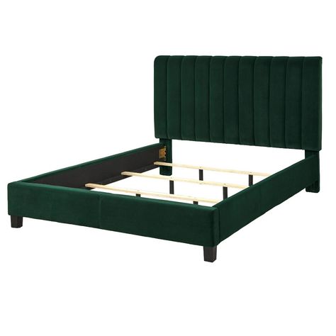 Bring a modern classic allure to your master bedroom with the Teagan Upholstered Queen Bed by Lifestorey. Fully upholstered in a luscious Emerald Green velvet fabric and generously cushioned, the vertical channel tufting states a tailored look that offers timeless elegance. The perfect focal point to any guest room or bedroom suite, coordinating stylishly with most room interiors. Green Upholstered Bed, Emerald Green Bedrooms, Velvet Bed Frame, Green Velvet Fabric, California King Mattress, Queen Upholstered Bed, Gold Bedroom, Velvet Bed, California King Bedding