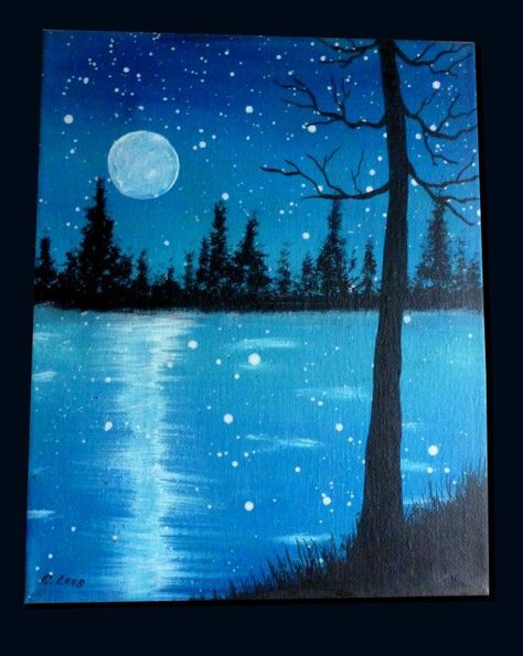 easy canvas painting ideas 10                                                                                                                                                                                 More Wine And Canvas, Easy Canvas Painting, Simple Acrylic Paintings, Night Painting, Beginner Painting, Into The Woods, Winter Art, Painting Class, Learn To Paint