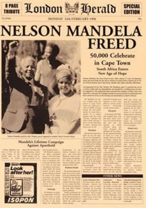 1990 Nelson Mandela was a South African anti-apartheid revolutionary politician. Apartheid was a system of racial segregation in South Africa enforced through legislation by the National Party Working as a lawyer, he was repeatedly arrested for seditious activities served 27 years in prison,An international campaign lobbied for his release, which was granted in 1990. Mandela joined negotiations with President F. W. de Klerk to abolish apartheid and establish multiracial elections in 1994, Nobel Peace Prize, Freedom Day South Africa, Nelson Mandela Art, World History Facts, Activist Art, The Company You Keep, Newspaper Headlines, Ad Campaigns, Up Book