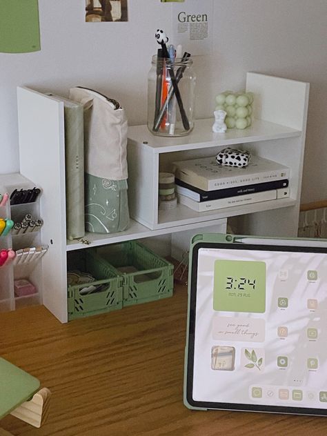 aesthetic sage green desk setup study space dorm room college apartment Sage Desk Setup, Sage Green Stationary Aesthetic, Sage Green Bedroom Desk, Green White Dorm Room, Desk Setup Green Aesthetic, Aesthetic Green Desk Setup, Green Themed Desk, Korean Bedroom Aesthetic Green, Cute Sage Green Room Ideas