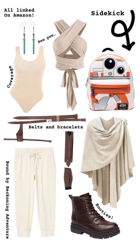 Disney bound look for Star Wars Character Rey Skywalker with neutral toned clothes and belts also a BB8 droid loungefly backpack and blue lightsaber earrings for her character Diy Rey Star Wars Costume, Star Wars Theme Costume, Star Wars Nite Outfit, Star Wars Costume Rey, Star Wars Rey Costume Diy, Star Wars Everyday Outfits, Rey Inspired Outfit Star Wars, Diy Rey Costume Women, Mando Disneybound