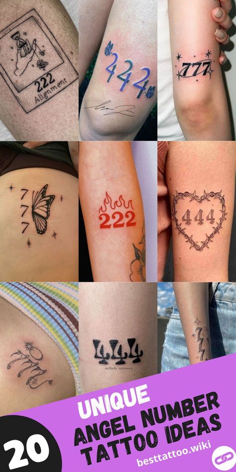 Dive into the mystical realm of angel numbers with our collection of tattoo ideas for 2024. Explore the significance of numbers like 222, 444, and 777 as you embark on a journey of spiritual awakening. From subtle ear tattoos to bold statement pieces, each design carries a unique vibration and meaning. Whether you're drawn to the synchronicity of 111 or the transformative energy of 999, our curated selection offers angel number tattoos to inspire and uplift your soul. Angel Numbers 1111 Tattoo, 222 Design Tattoo, Tattoos With Angel Numbers, Angel Number 777 Tattoo Ideas, Cool Number Tattoos, Angel Number Tattoos For Women, 222 Tattoo Meaning, 777 Leg Tattoo, 224 Angel Number