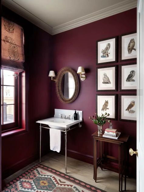 The top burgundy paint colors most recommended by interior designers for a moody, sophisticated space in bathrooms, kitchens, and bedrooms. Burgundy Paint Colors, Burgundy Bathroom, Burgundy Paint, Statement Tiles, Ideas Baños, Paint And Paper Library, London Townhouse, Townhouse Designs, Green Velvet Sofa