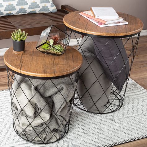 Farmhouse Side Tables, Cottage Side Table, Round Wire Basket, Farmhouse End Tables, Nesting End Tables, Storing Blankets, Living Room Table Sets, Wire Basket Storage, Farmhouse Side Table