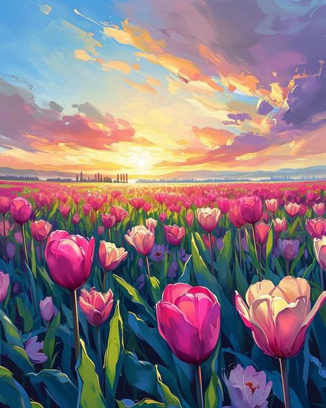 Endless tulips field at beautiful sky. #tulips #nature #flowers #sky #illustration #colorful #spring #sun Tulip Field Painting, Tulip Landscape, Tulip Flower Painting, Field Of Flowers Painting, Tulips Field, Sky Illustration, Tulip Field, Illustration Colorful, Easy Flower Painting