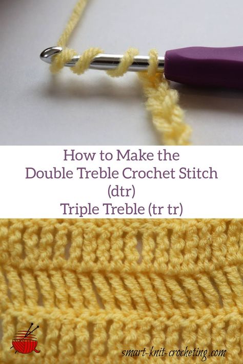 double treble crochet tutorial How To Double Treble Crochet, How To Do A Double Treble Crochet Stitch, Double Treble Crochet Tutorials, Triple Treble Crochet, Double Triple Crochet Stitch, Double Treble Crochet Stitch, Double Triple Crochet, How To Triple Crochet, Crochet Stitches Uk