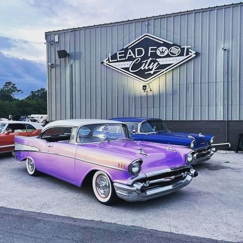 Great shot of @kustomsbynovak '57 Chevy Belair Sport Coupe at @leadfootcity 💪 @custompaintsinc Novak Purple 💜 Available in Pints, Quarts, Gallons, 500ml, Litres, Aerosol and Inspire Airbrush Paint CustomPaints.com Airbrush Painting, Coupe, Purple Cars, Purple Car, Custom Cars Paint, 57 Chevy, Chevy Colorado, Paint Swatches, Air Brush Painting