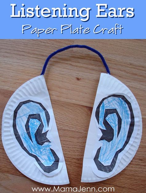 Paper Plate Listening Ears Listening Ears Craft, 5 Senses Craft, 5 Senses Preschool, Five Senses Preschool, 5 Senses Activities, Senses Preschool, Body Preschool, Body Parts Preschool, Paper Plate Craft