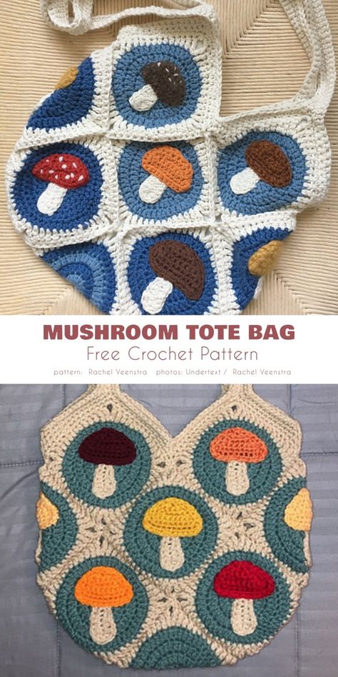 Mushroom Tote Bag Granny Square Crochet Patterns, Granny Square Crochet Patterns Free, Crochet Mushroom, Crochet Patron, Crochet Bag Pattern Free, Aesthetic Crochet, Crochet Handbags Patterns, Clothes Aesthetic, Crochet Purse Patterns