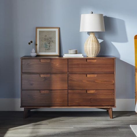 Dresser Wall Decor, Modern Dresser Decor, Bedroom Dresser Sets, Dresser Walnut, Retro Dresser, Dresser Decor Bedroom, Dresser With Tv, Brown Dresser, Walker Edison Furniture