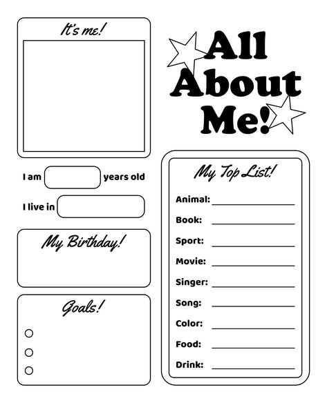 Pretty Journals About Me, Introduction Of Myself Template, About Me Music Template, All About Me Tiktok Template, How To Print, About Me Journal Page Ideas All About Me, Drawing About Yourself, Introducing Myself Template, About Me Template Cute