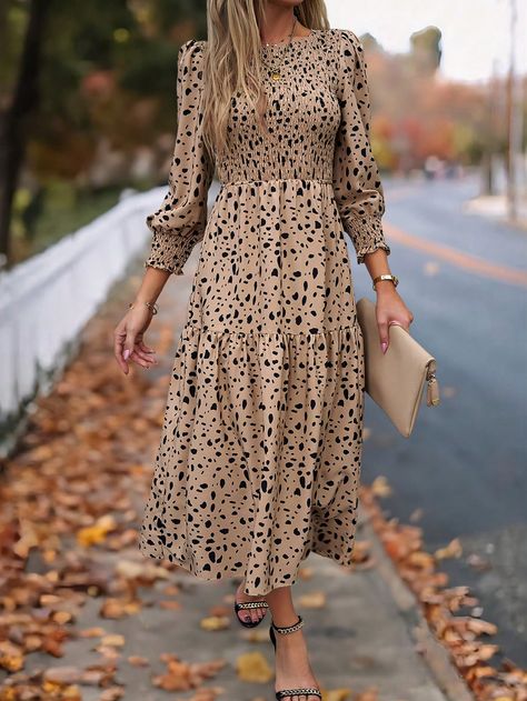 Khaki Casual Collar Long Sleeve Woven Fabric All Over Print A Line Embellished Non-Stretch  Women Clothing Neck Wrap Dress, Casual Gowns, A Line Maxi Dress, Office Dresses For Women, Shirred Dress, Long Sleeve Wrap Dress, Women's Robe, Crewneck Dress, Khaki Dress