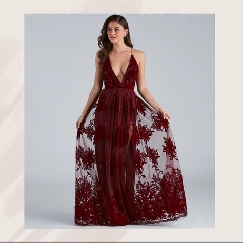 *NEW* Windsor Morgan Formal Flocked Velvet Maxi Dress (Burgundy) Long Tulle Dress, Special Event Outfit, Tulle Dress Long, Floral Tulle Dress, Formal Maxi Dress, Glitter Prom Dresses, Velvet Design, Homecoming Outfits, Fashion Bottoms