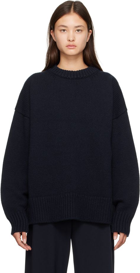 Heavyweight knit wool- and cashmere-blend sweater. Rib knit crewneck, hem, and cuffs. Supplier color: Navy Garter Stitch, Knit Crewneck, Dark Navy, Luxury Streetwear, The Row, Designer Fashion, Rib Knit, Cashmere, Women Wear