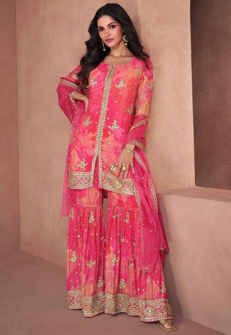 Gharara Suit, Pink Sharara, Long Anarkali Gown, Orange And Hot Pink, Gharara Suits, Latest Salwar Kameez, Gown Suit, Indian Party Wear, Palazzo Suit