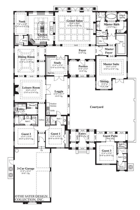 Master Closet Ideas Walk In Layout, U Shaped House Plans, Single Level House Plans, House Plans Ireland, U Shaped Houses, Private Courtyard, Modern Courtyard, Mediterranean Style House Plans, Mediterranean House Plans